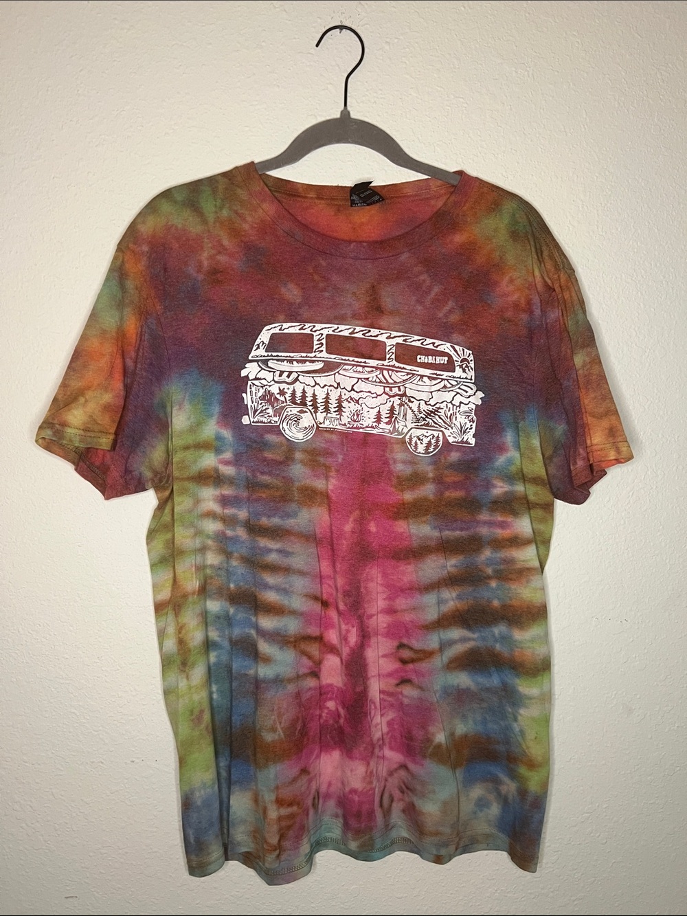 Hand Dyed Tie-Dye Graphic T-Shirt with Van Illustration - Multicolor